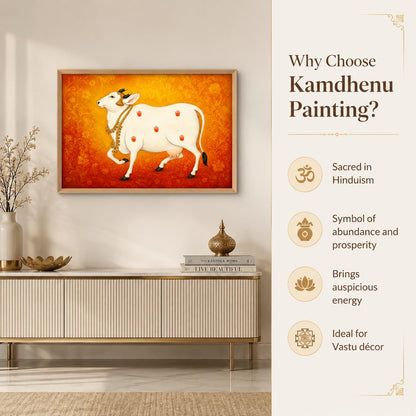 Kamdhenu Cow Vastu Wall Painting for Living Room Bedroom Hall Office Decor, Hindu Spiritual Religious Artwork, Premium Wooden Synthetic Frame (13.5 x 19.5 Inch) NM01-V-175