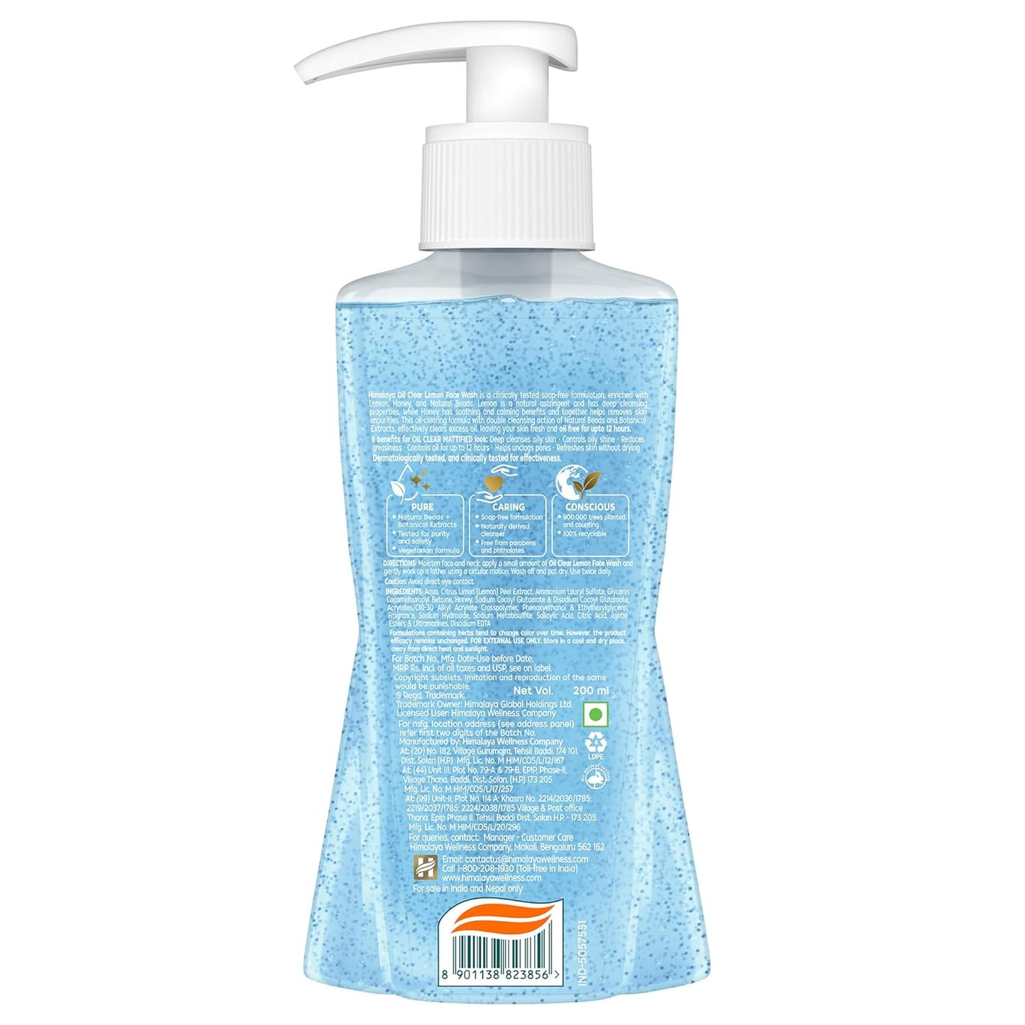 Back view of a blue pump bottle with text and a barcode on a white background