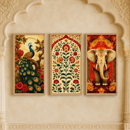 Set of 3 Vintage Peacock Floral Elephant Wall Paintings with Sparkle Laminate, Premium Wooden Synthetic Frame, Indian Heritage Art for Living Room Bedroom Decor