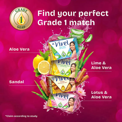 Vivel Aloe Vera Bathing Soap,150gx4 | BIS Grade 1 Soap| Highest Soap Grade | 76% TFM | Aloe Vera + Vitamin E | Moisturised Satin Soft Skin | Fresh Fragrance | 97% Natural Origin| For Men and Women