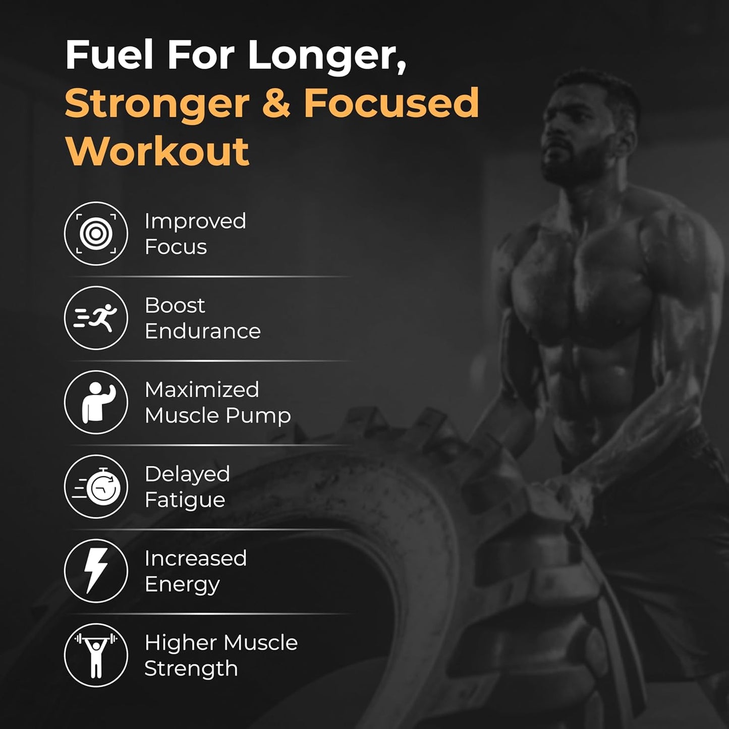 Man lifting weights with text about workout benefits on a dark background