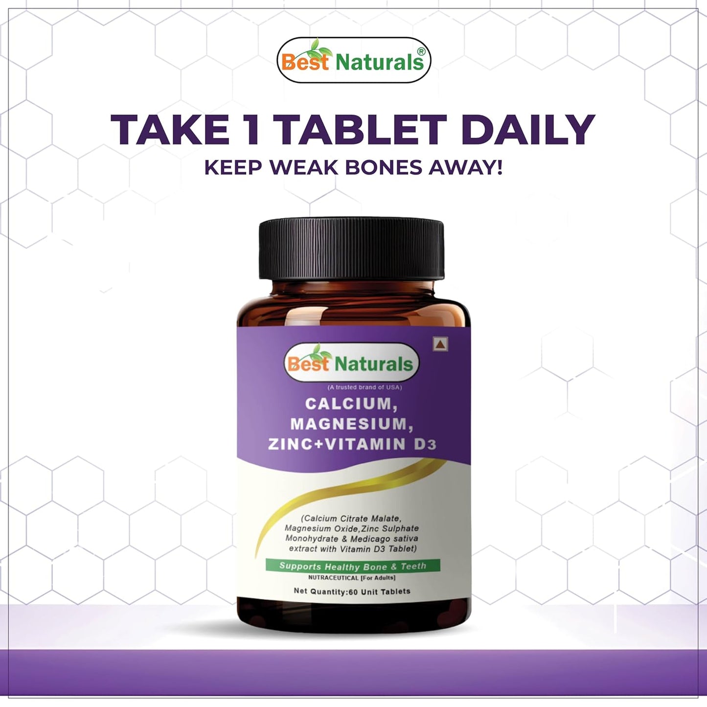 Best Naturals Calcium Magnesium Zinc with Vitamin D3 – 60 Tablets – 2-Month Supply Trusted Brand from USA