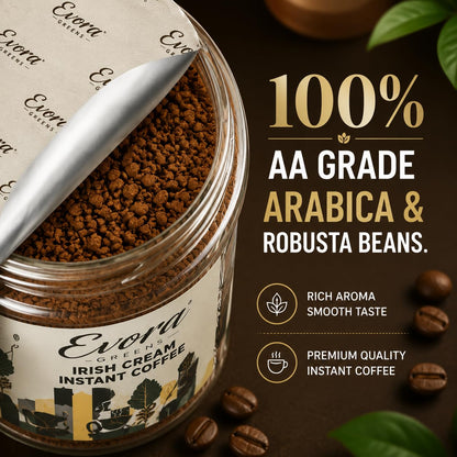 EVORA Greens 100gm Instant Coffee Powder | Irish Cream Flavour | Coffee with Arabica & Robusta Blend - Medium Roast | Make Café Style Hot or Cold Coffee, black Coffee, Cappuccino, Latte at Home | Make 50 Cups