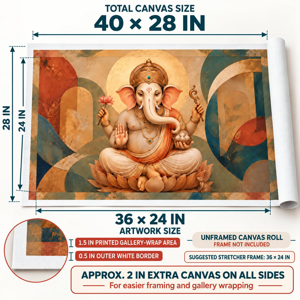 Ganpati Sacred Balance UNFRAMED 36 x 24 Inch Canvas Painting roll, Modern Lord Ganesha Vastu Wall Art, Peaceful Digital Painting for Home, Living Room, Bedroom, Office, Hotels, Artwork for Gifting