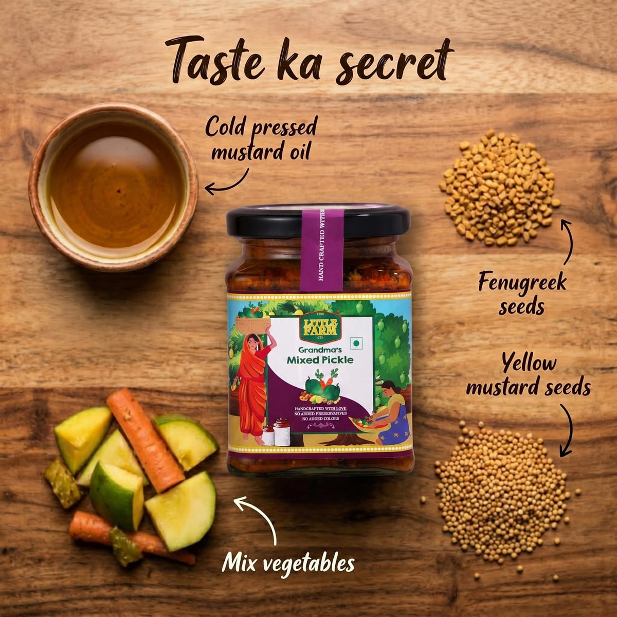 THE LITTLE FARM CO Mixed Pickle 250g In Punjabi Masala, Perfect Blend of Mango, Green Chilli, Lemon, Carrot, Lotus Stem & Ginger, Mix Achar In Cold Pressed Mustard Oil With No Added Colors & Preservatives, Made In Less Oil