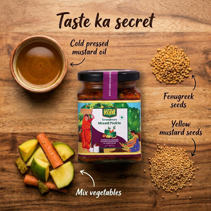 THE LITTLE FARM CO Mixed Pickle 250g In Punjabi Masala, Perfect Blend of Mango, Green Chilli, Lemon, Carrot, Lotus Stem & Ginger, Mix Achar In Cold Pressed Mustard Oil With No Added Colors & Preservatives, Made In Less Oil