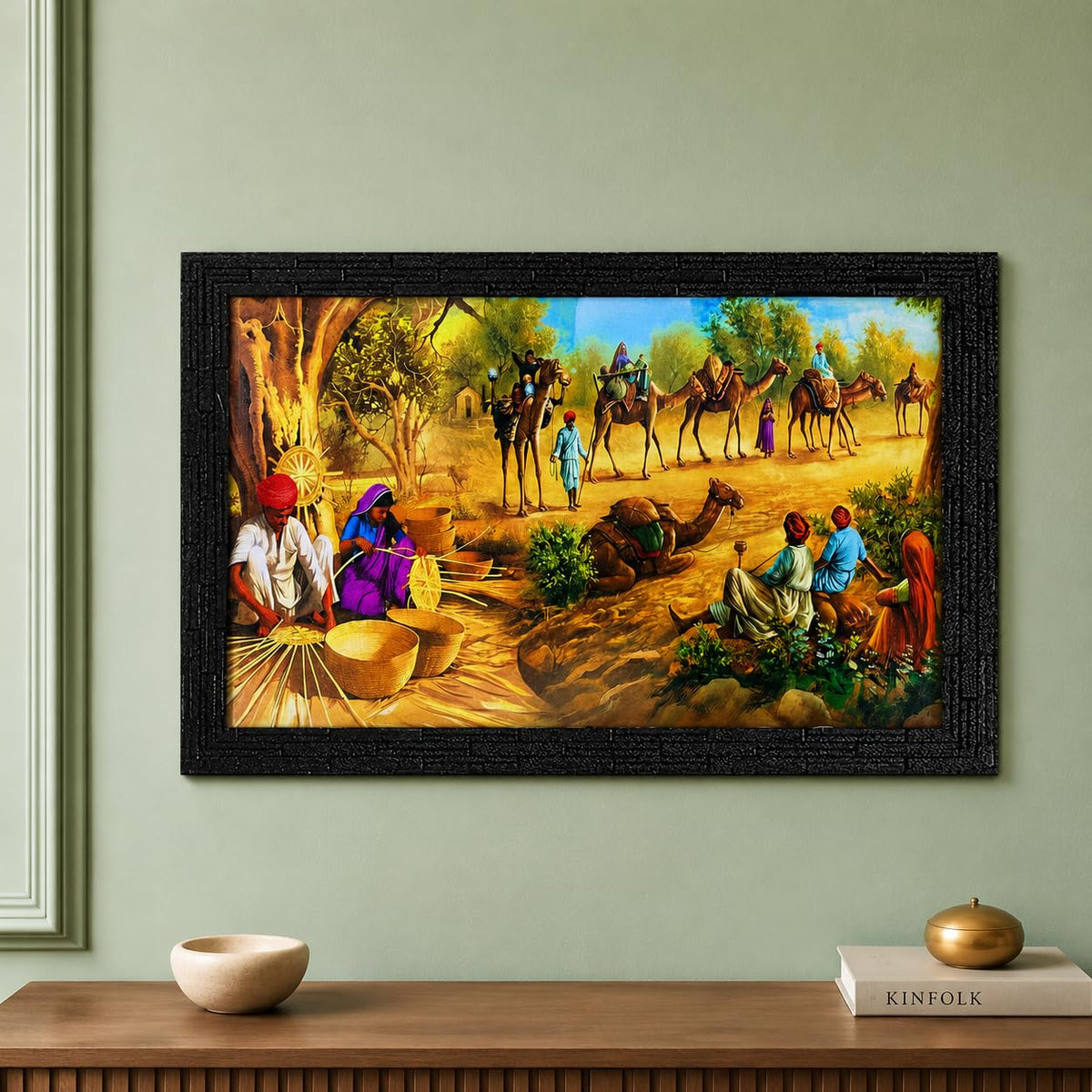 Wood Village Scene Art Framed Painting| Ready To Hnag - (13.5 X 19.5 Inch, Multicolor)
