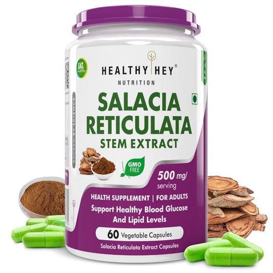 Supplement container labeled 'Healthy Hey Nutrition' with Salacia Reticulata on a white background