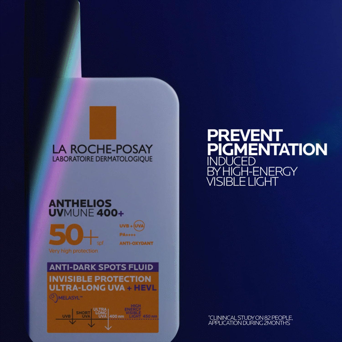 La Roche-Posay sunscreen bottle with text on a dark blue background