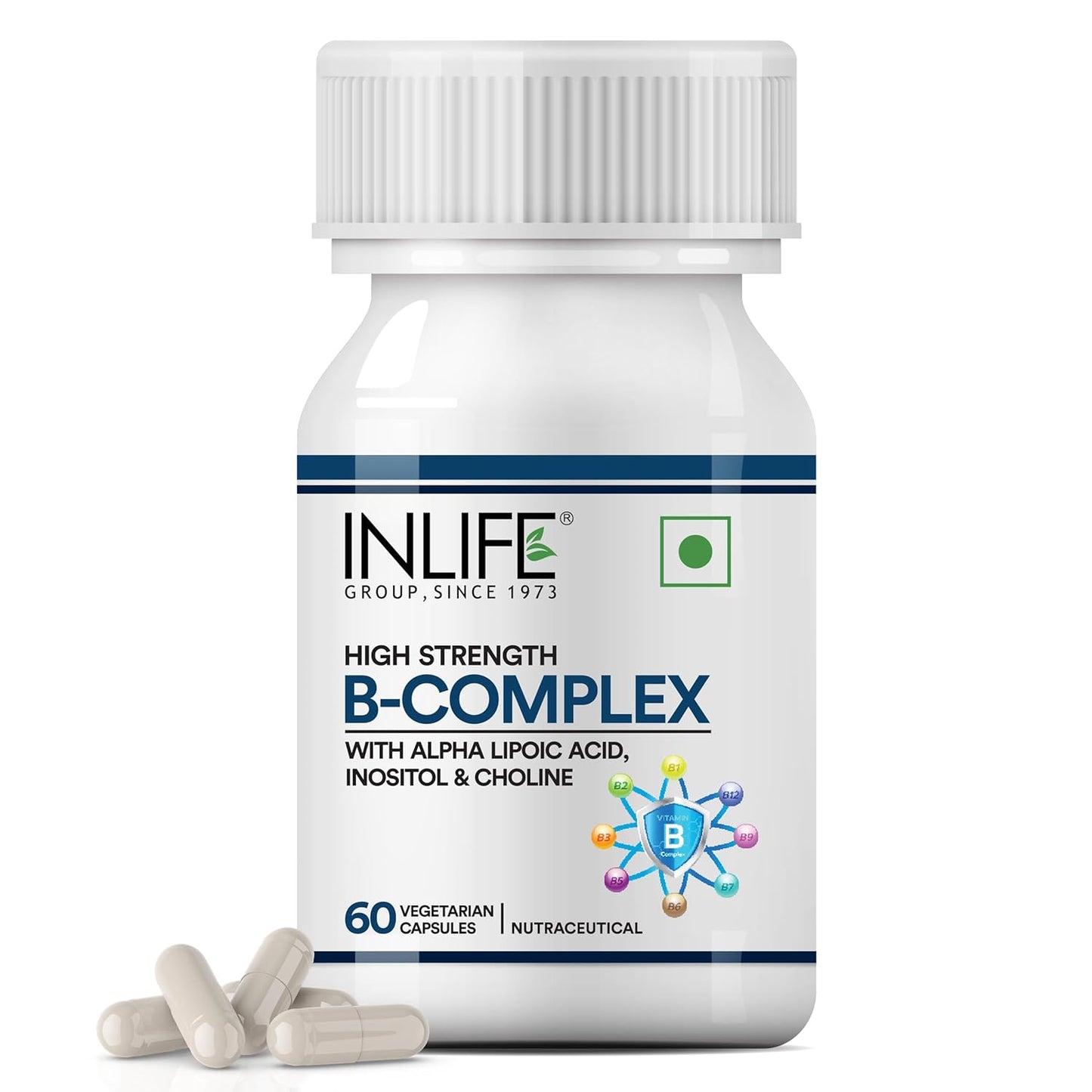 INLIFE B Complex Supplements B1, B2, B3, B5, B6, Biotin, with Vitamin B12, Folic Acid, Alpha Lipoic Acid, Inositol & Choline | For Energy & Metabolism | For Men Women - 60 Vegetarian Capsules