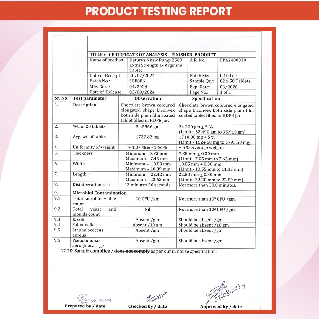 Product testing report with a red border and white background