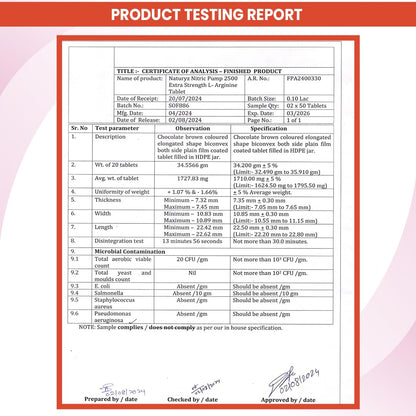 Product testing report with a red border and white background