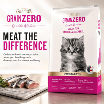 Grain Zero Mother & Kitten Dry Cat Food 400g | Ocean Fish, Sardine & Mackerel | DHA for Brain Development, 48% Fresh Fish Inclusion | Promotes Healthy Skin & Coat