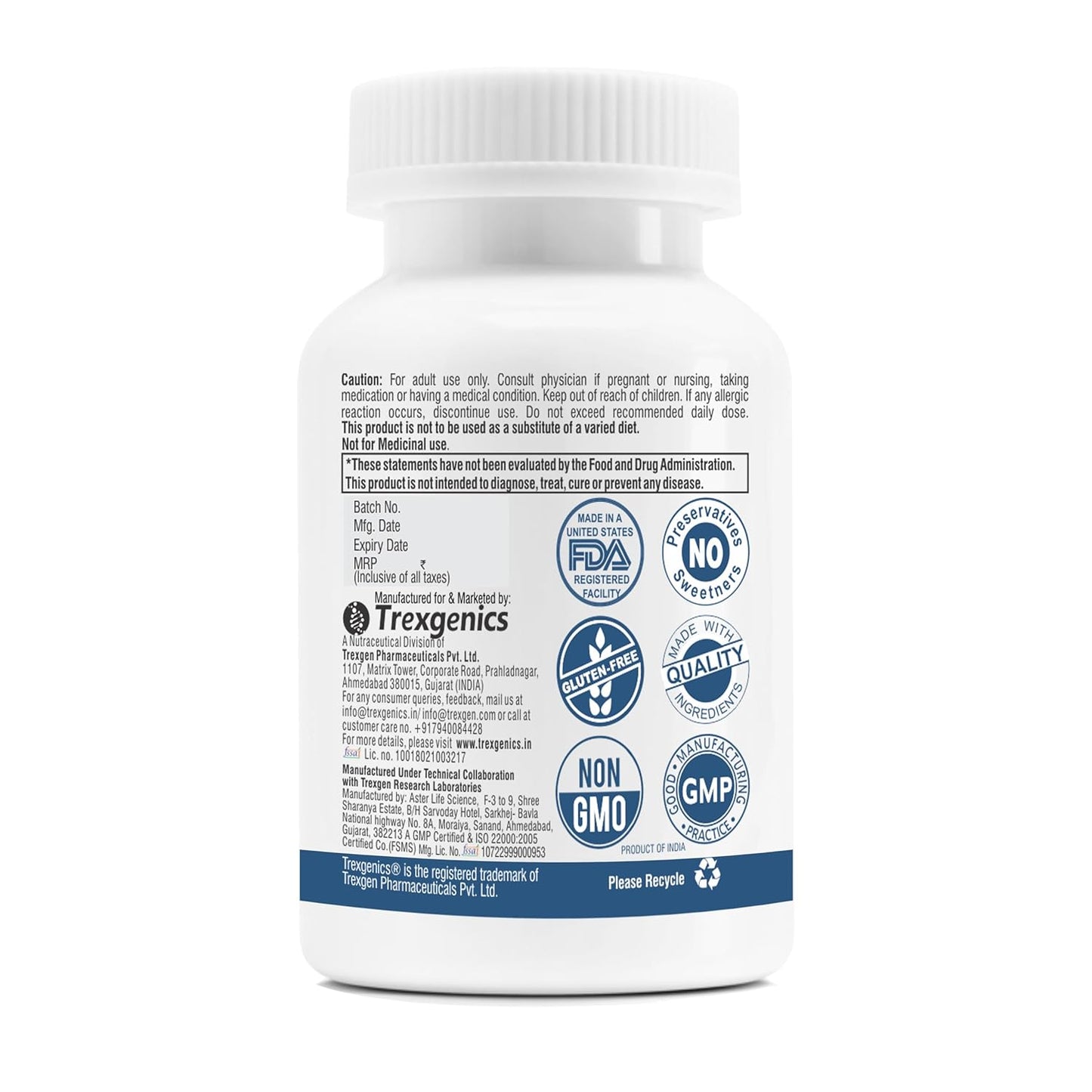 Supplement bottle with label featuring various logos on a white background