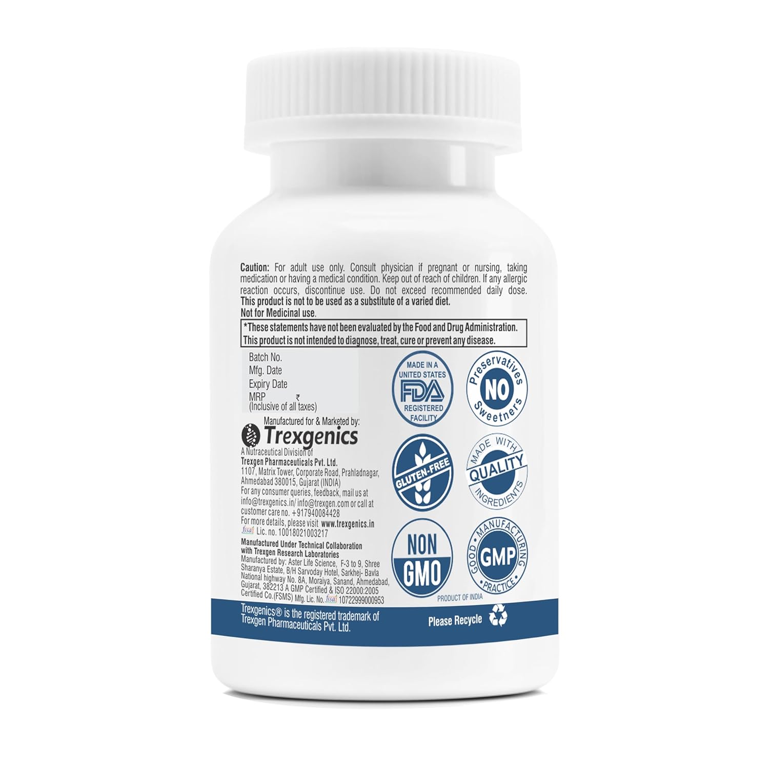 Supplement bottle with label featuring various logos on a white background