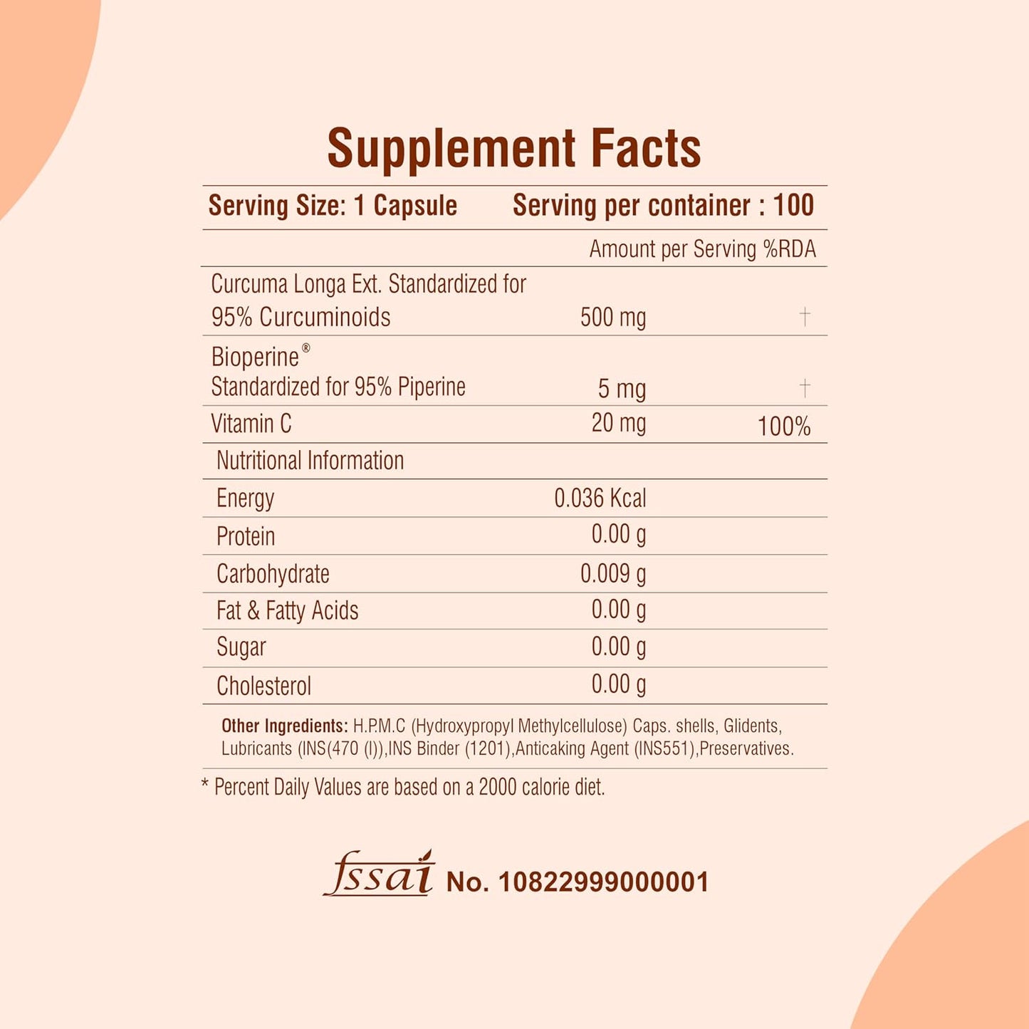 Supplement facts label with detailed nutritional information on a beige background