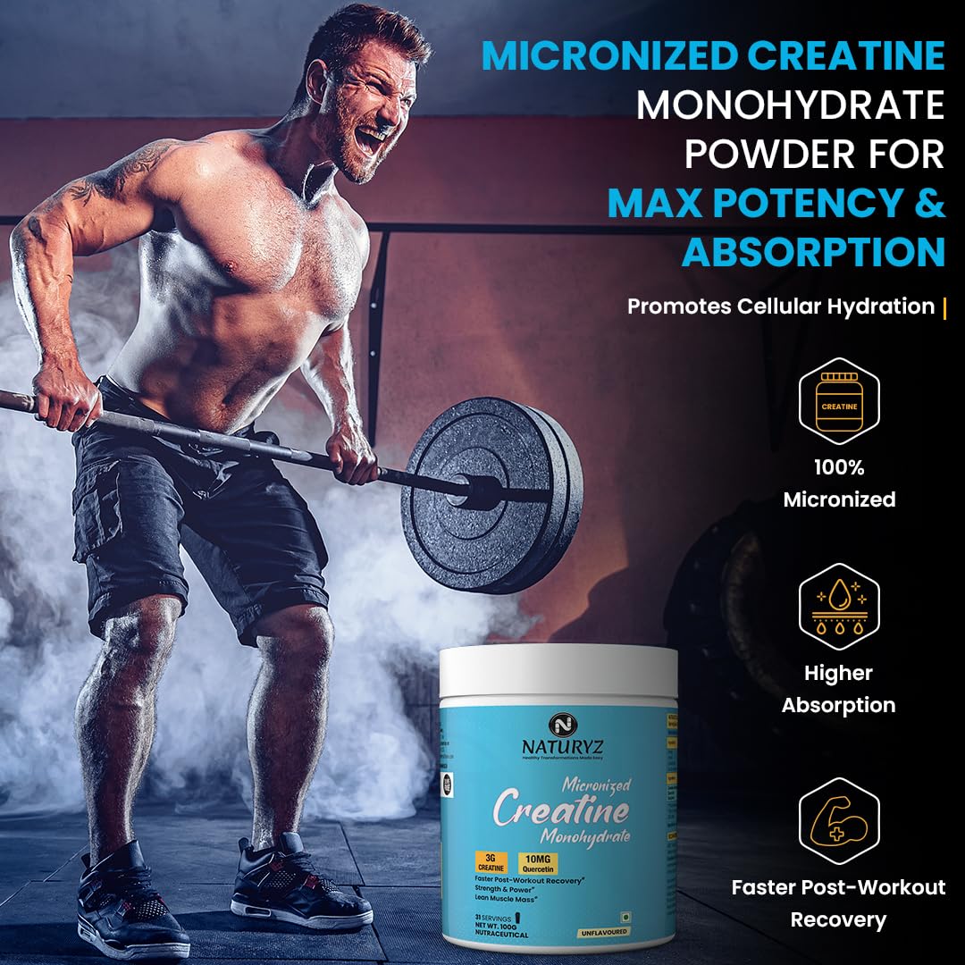 Man lifting weights with a container of Naturyz Micronized Creatine Monohydrate Powder in the foreground.
