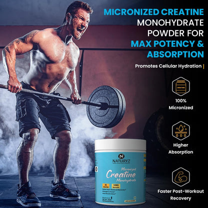 Man lifting weights with a container of Naturyz Micronized Creatine Monohydrate Powder in the foreground.