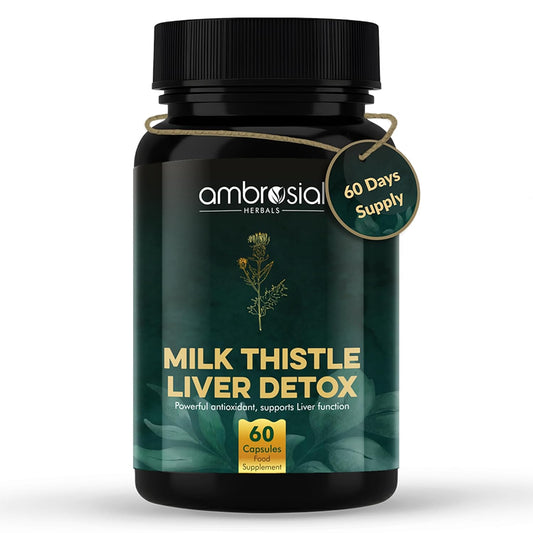 Ambrosial Herbals Milk Thistle Liver Detox supplement bottle on a white background