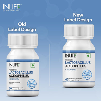 INLIFE Probiotic Lactobacillus Acidophilus 5 billion CFU | Gut Health Supplement for Men Women | Digestive Health, Supports Immunity |With Probiotic Balance – 60 Veg Capsules (Pack of 1, 60)