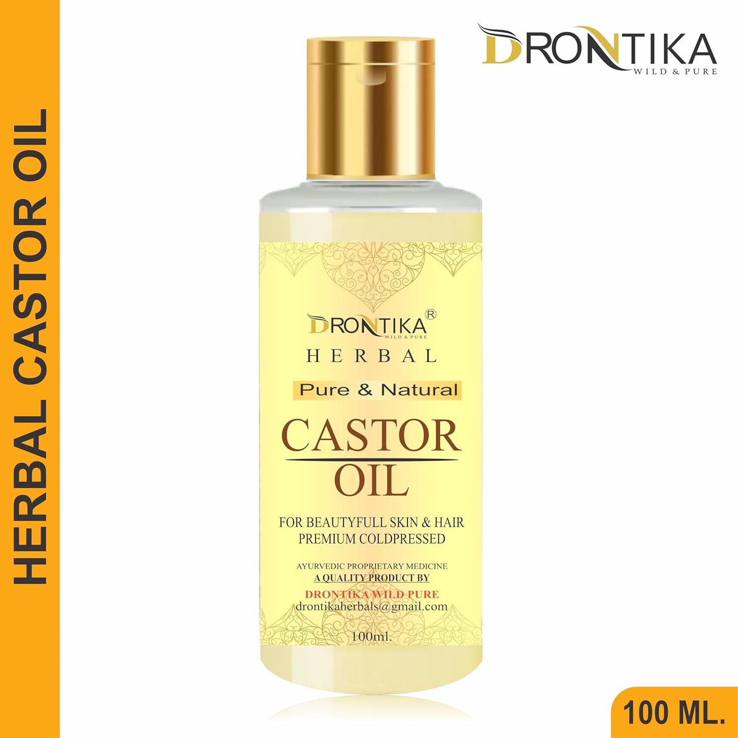 Bottle of Drontika Herbal Castor Oil with gold cap on a white background