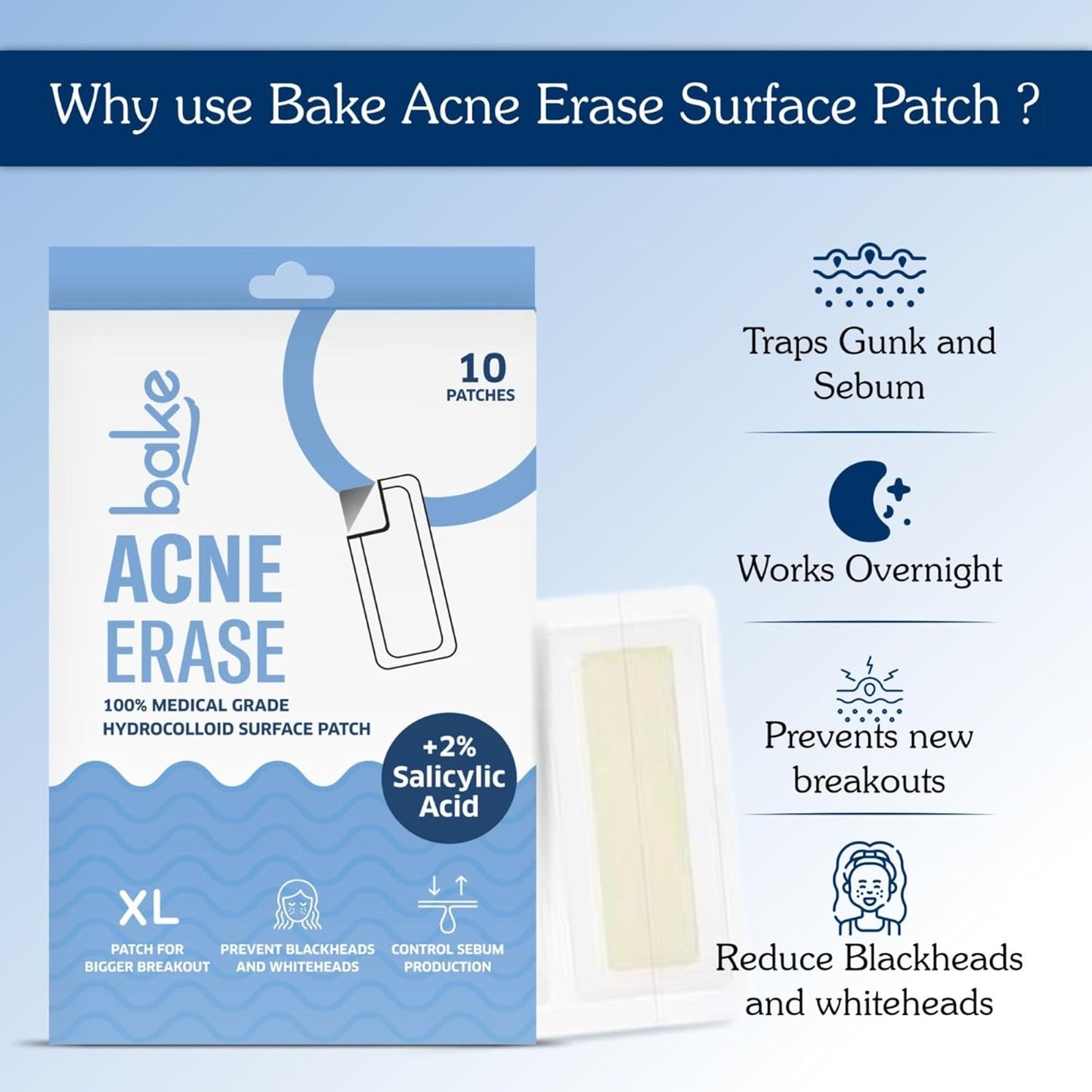 BAKE 2% Salicylic Acid Hydrocolloid Acne Absorbing (4 Patches) Surface Patch XL Pimple Patches for Blackheads Removal | Large Acne Erase Strips | Pore Cleansing & Reduces Whiteheads (10 Strips)