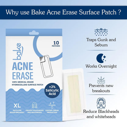 BAKE 2% Salicylic Acid Hydrocolloid Acne Absorbing (4 Patches) Surface Patch XL Pimple Patches for Blackheads Removal | Large Acne Erase Strips | Pore Cleansing & Reduces Whiteheads (10 Strips)