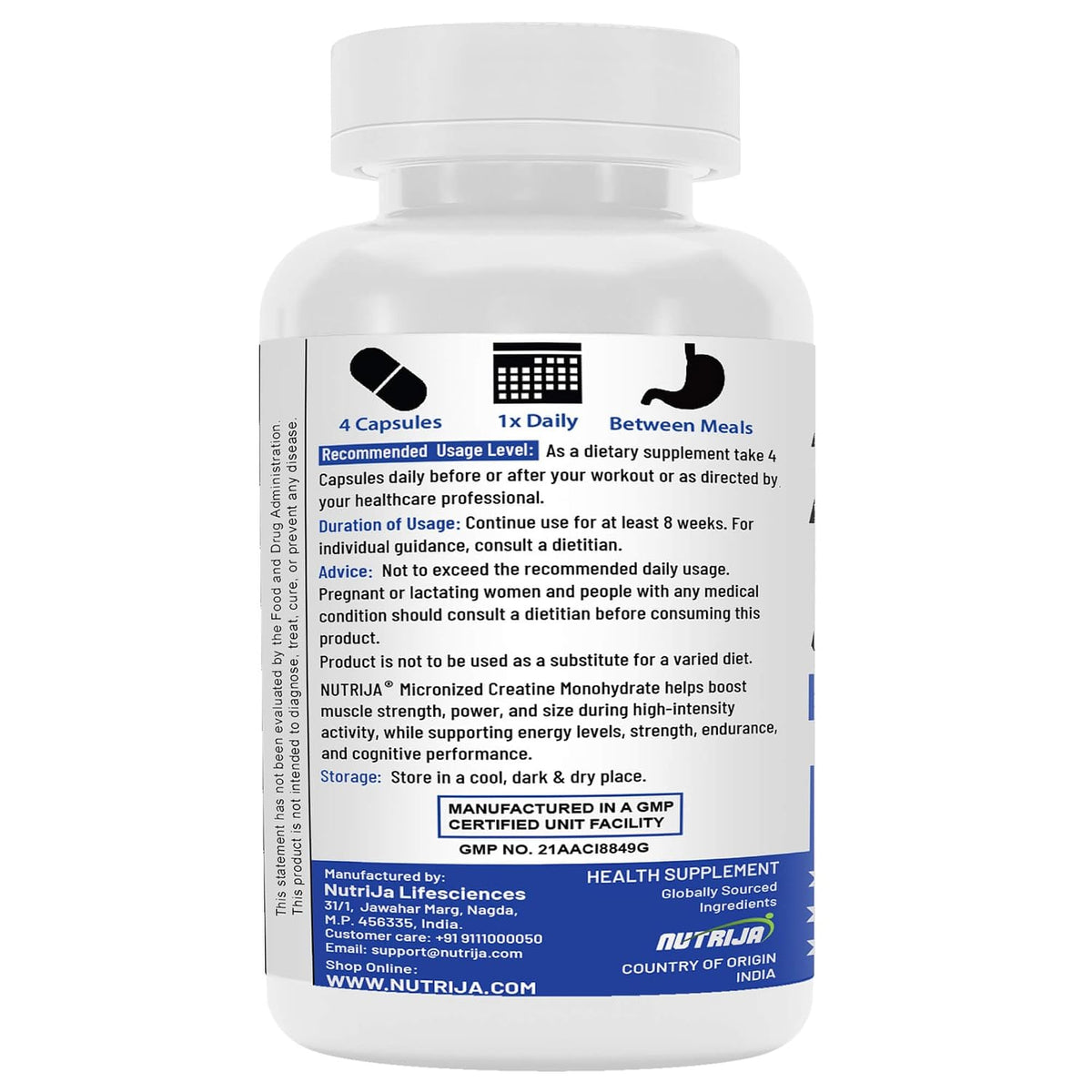 NutriJa Creatine Monohydrate 3000mg Capsules | Improves physical strength & endurance | Ideal Workout supplement | 180 Capsules