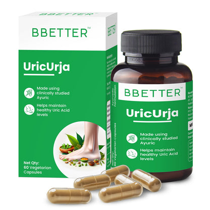 BBETTER UricUrja - Lab Tested Ayurvedic Medicine for Uric Acid Levels Management | Supports Kidney Health | Gout Pain Relief Medicine | 60 Capsules for Healthy Uric Acid Levels