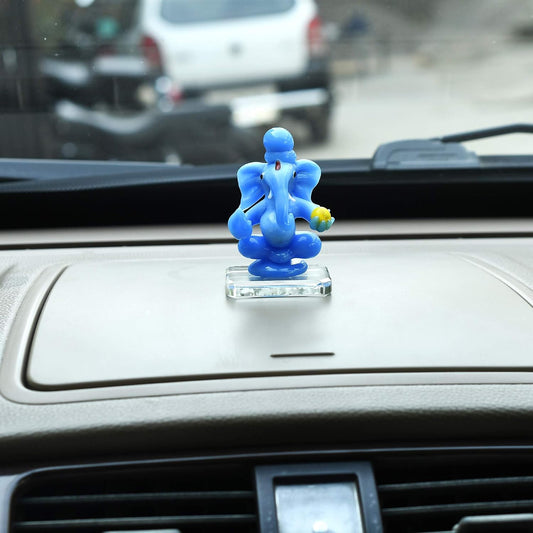 Glass Ganesh Idol for Car Dash Board (Blue, 8.5cm x 5 cm)