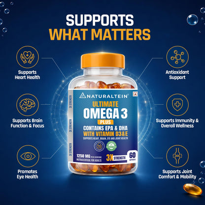 NATURALTEIN Ultimate Omega-3 plus Fish Oil 1250mg Triple Strength Softgel Capsules with vitamin D3 and E | 450mg EPA & 300mg DHA in Triglyceride Form for Better Absorption | Heart, Brain, Eye | 60 Softgel Capsules | 60-Day Supply
