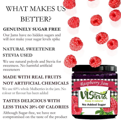 VIStevia Sugar Free Raspberry Jam (220 gm) | Diabetic & Keto Friendly | Sweetened with Stevia and Erythritol | 100% Natural | More Than 60% Whole Berries | Tastes Delicious