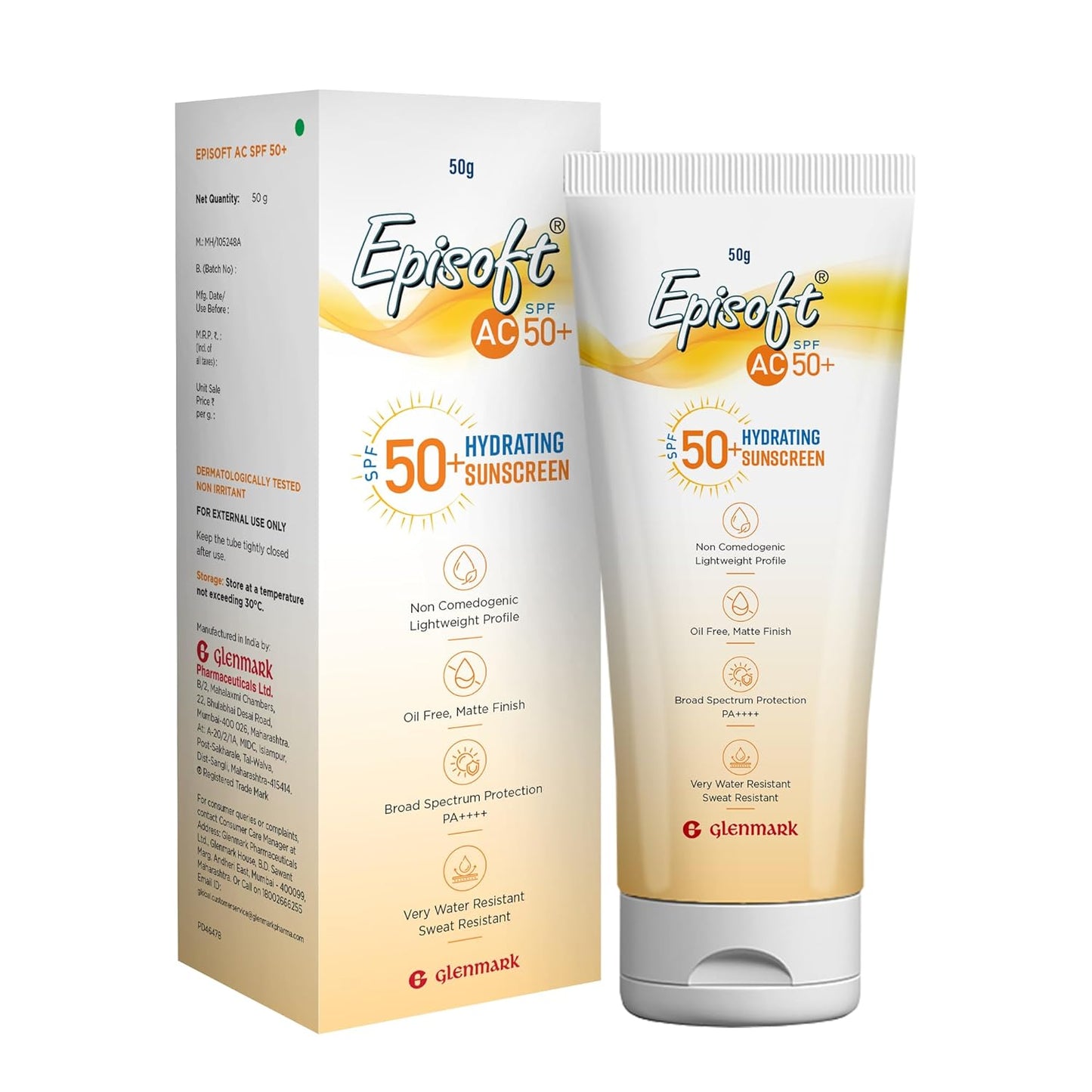 Episoft AC 50+ sunscreen packaging with tube and box on a white background