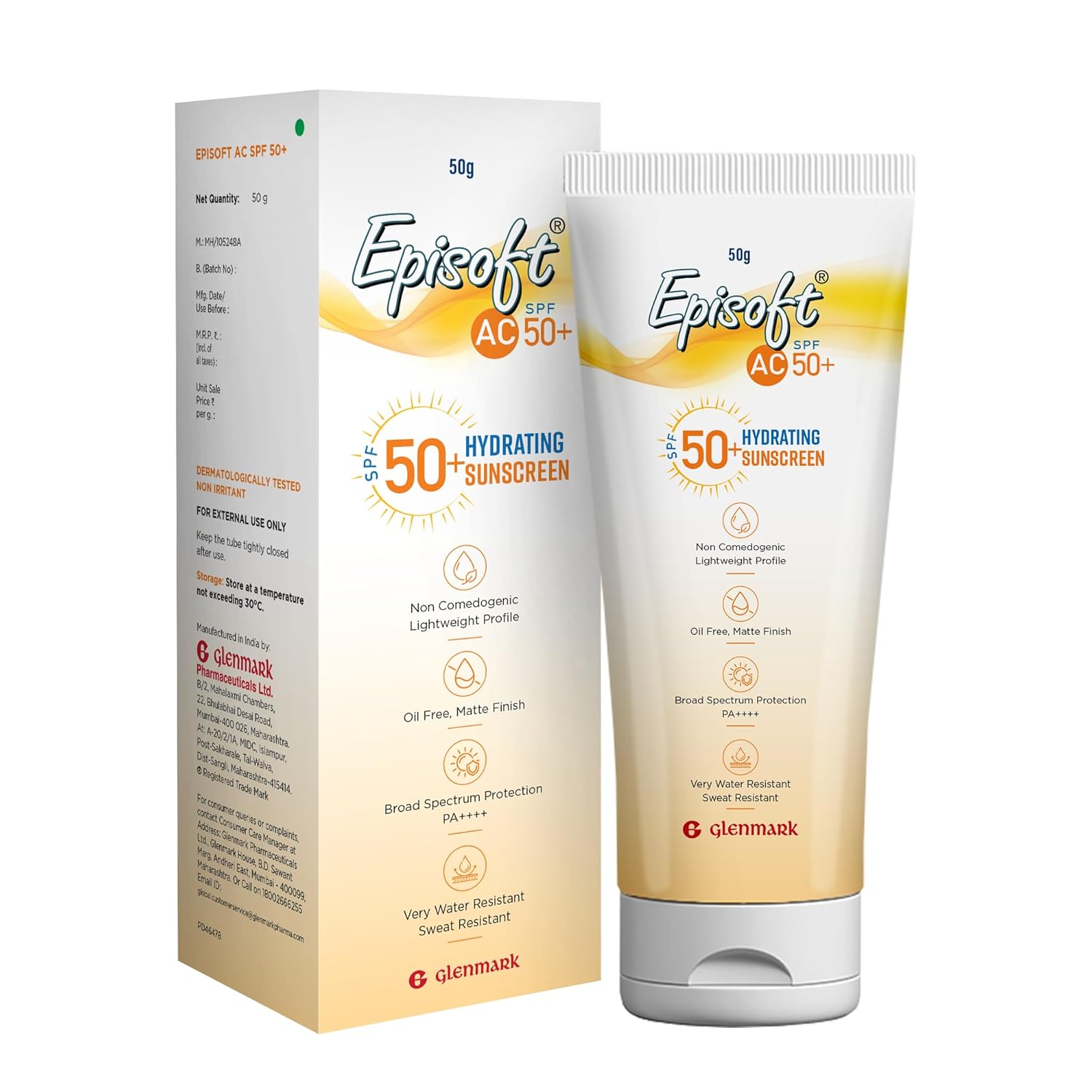 Episoft AC 50+ sunscreen packaging with tube and box on a white background