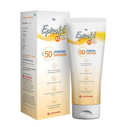 Episoft AC 50+ sunscreen packaging with tube and box on a white background