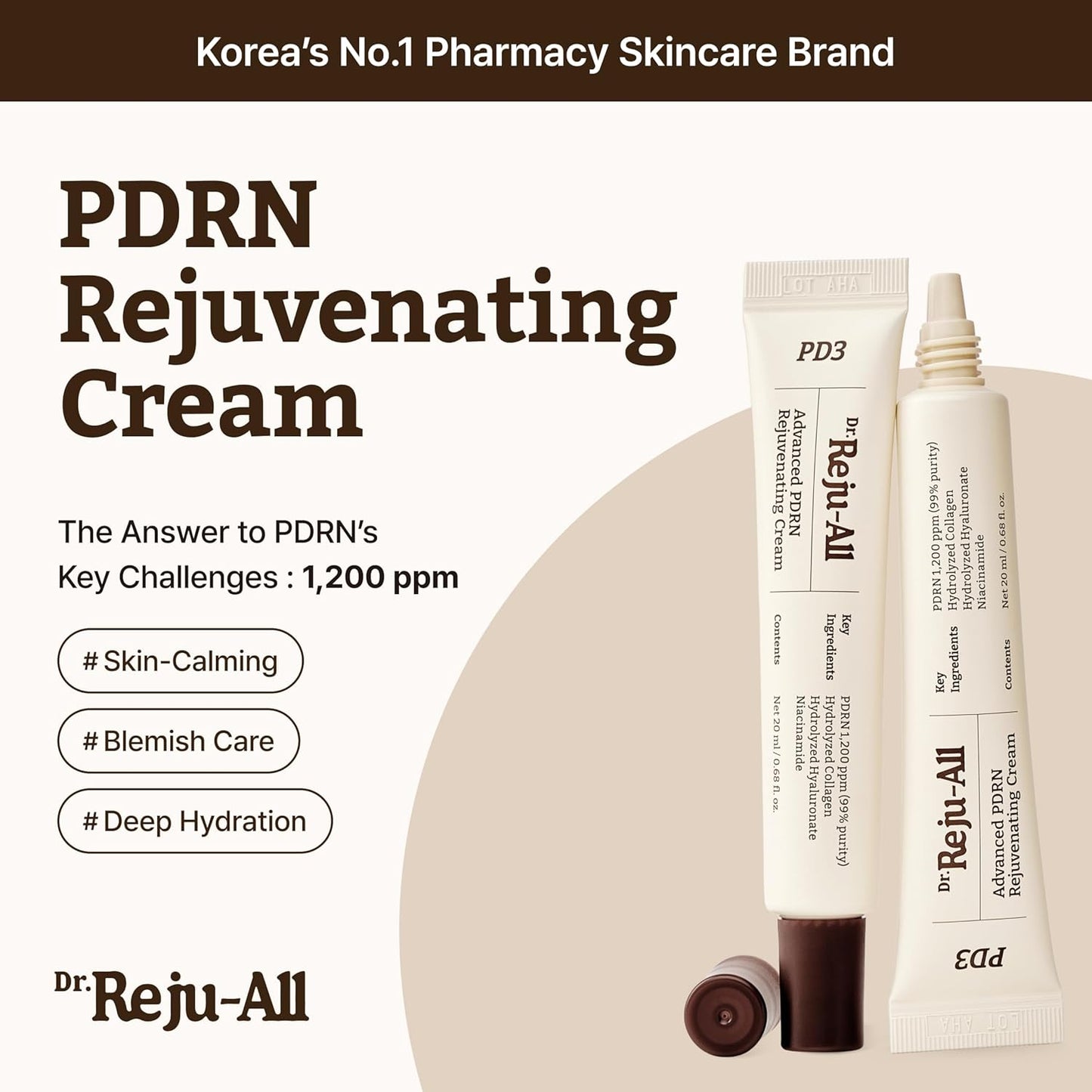 Dr.Reju-All Advanced PDRN Rejuvenating Cream | Korean PDRN Face Cream with 99% Pure Salmon DNA, Niacinamide & Collagen | Deep Hydration, Anti-Aging, Skin Repair, Elasticity Boost, Barrier Repair & Brightening Moisturizer (20ml)