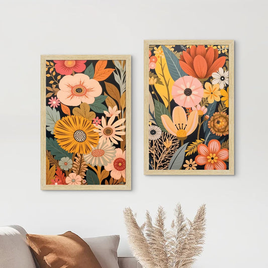 Boho Art Paintings with Frame for Home Decor, Floral Wall Painting for Living Room, Multicolor, Natural Wood Color Frames, Set of 2