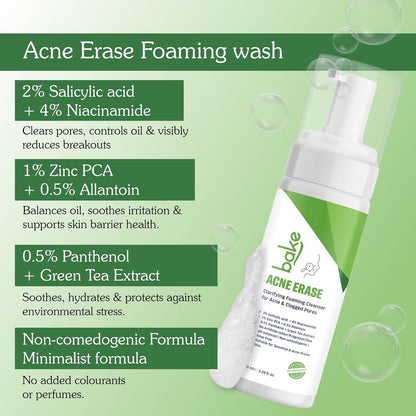 BAKE Acne Erase Foaming Face Wash with 2% Salicylic Acid & Niacinamide | Oil Control, Unclogs Pores, Clears Acne & Blemishes | Gentle Foaming Cleanser for Oily, Acne Prone & Sensitive Skin – 100ml