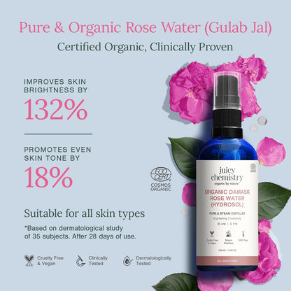 Juicy Chemistry Organic Damask Rose Water (Hydrosol), 100 ml | 100% Pure Steam Distilled | Brightens & Promotes Even Skin Tone | Boosts Skin Hydration | Dermatologically Tested | Clinically Proven