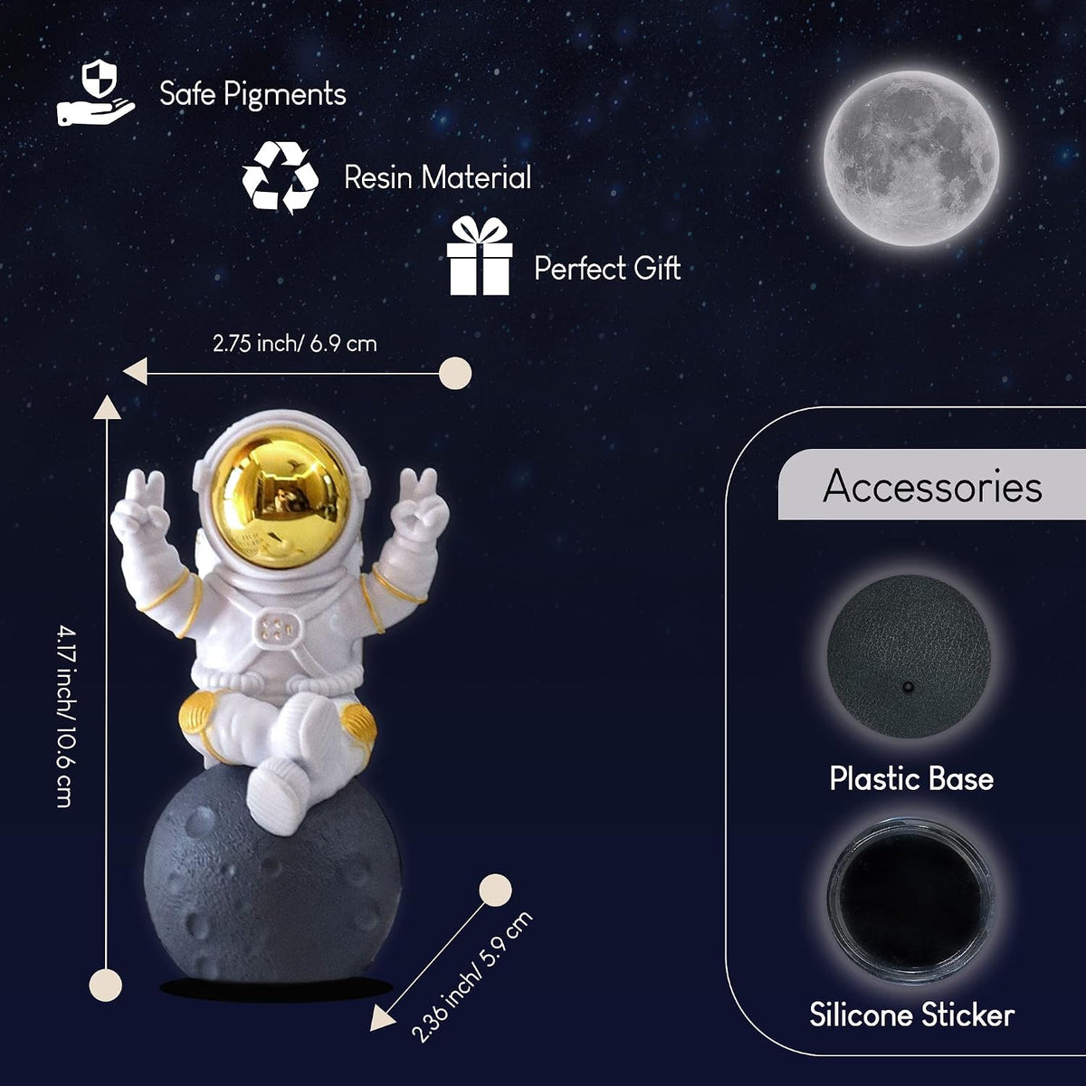 Astronaut Figurine Showpiece for Home Décor, Office Desk, Car Dashboard & Table Decoration | Space Astronaut Statue Collectible Gift for Home, Room & Workspace (Sitting on Moon Golden Large)