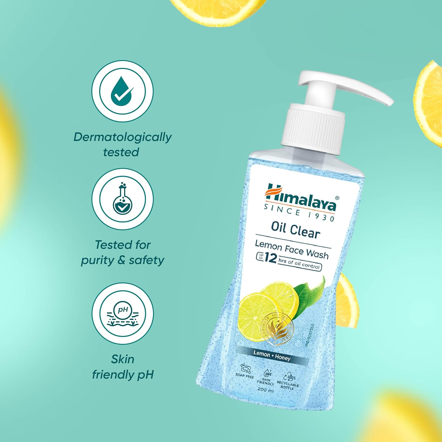 Himalaya Oil Clear Lemon Face Wash bottle with lemon slices on a teal background