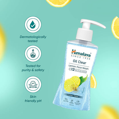 Himalaya Oil Clear Lemon Face Wash bottle with lemon slices on a teal background