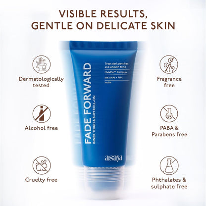 Asaya Fade Forward Inner Thigh & Bum AHA Roll-On | Pigmentation Removal Serum For Dark Inner Thighs & Buttocks | For Women & Men | Non-Sticky & Soothing | MelaMe™ Complex, 10% AHAs & PHA, Inulin | 70ml