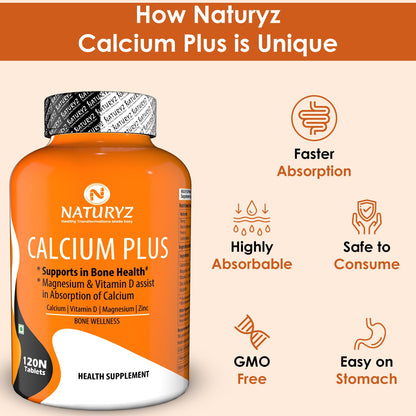 Naturyz Calcium Plus with Calcium Citrate, Vitamin D, Magnesium and Zinc Ideal Supplement for Bone Health & Joint Support of Men & Women - 120 Tablets