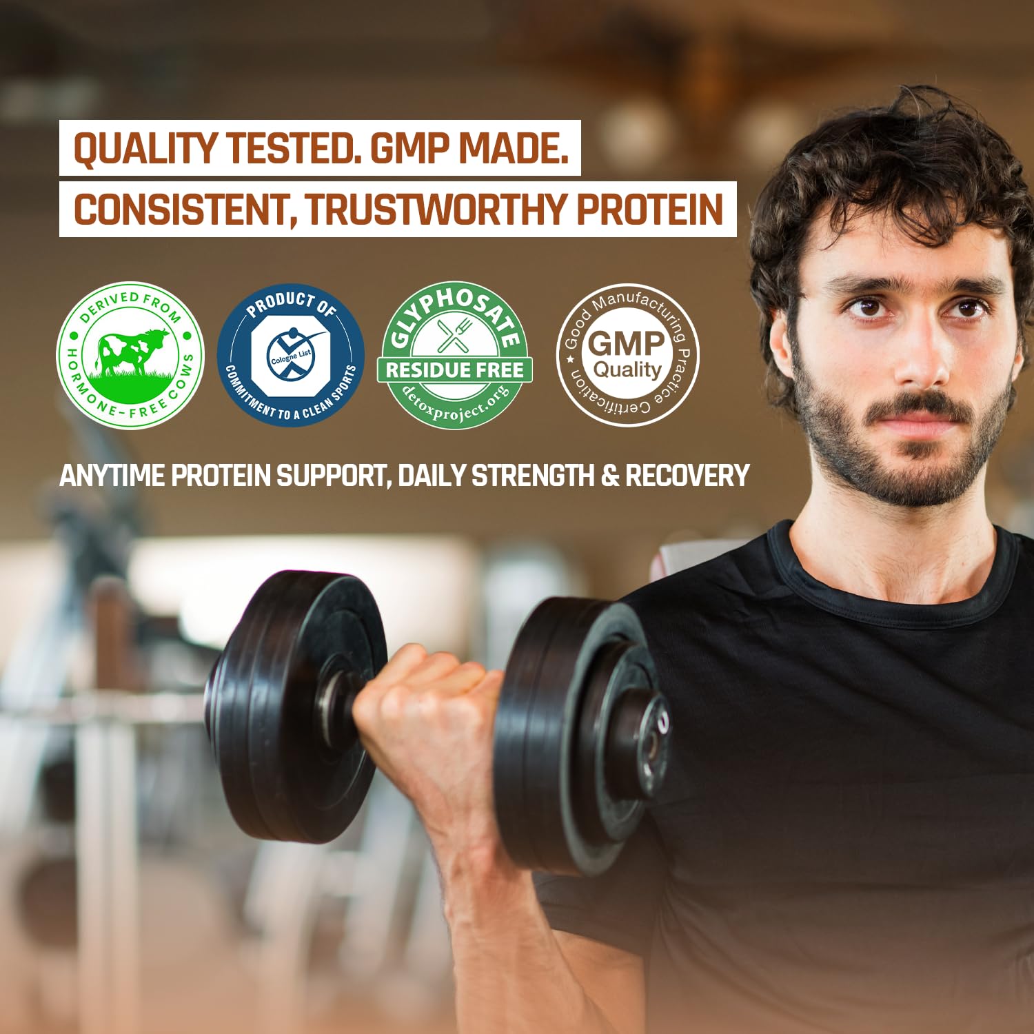 Man lifting weights with protein supplement branding and text about quality and trustworthiness.