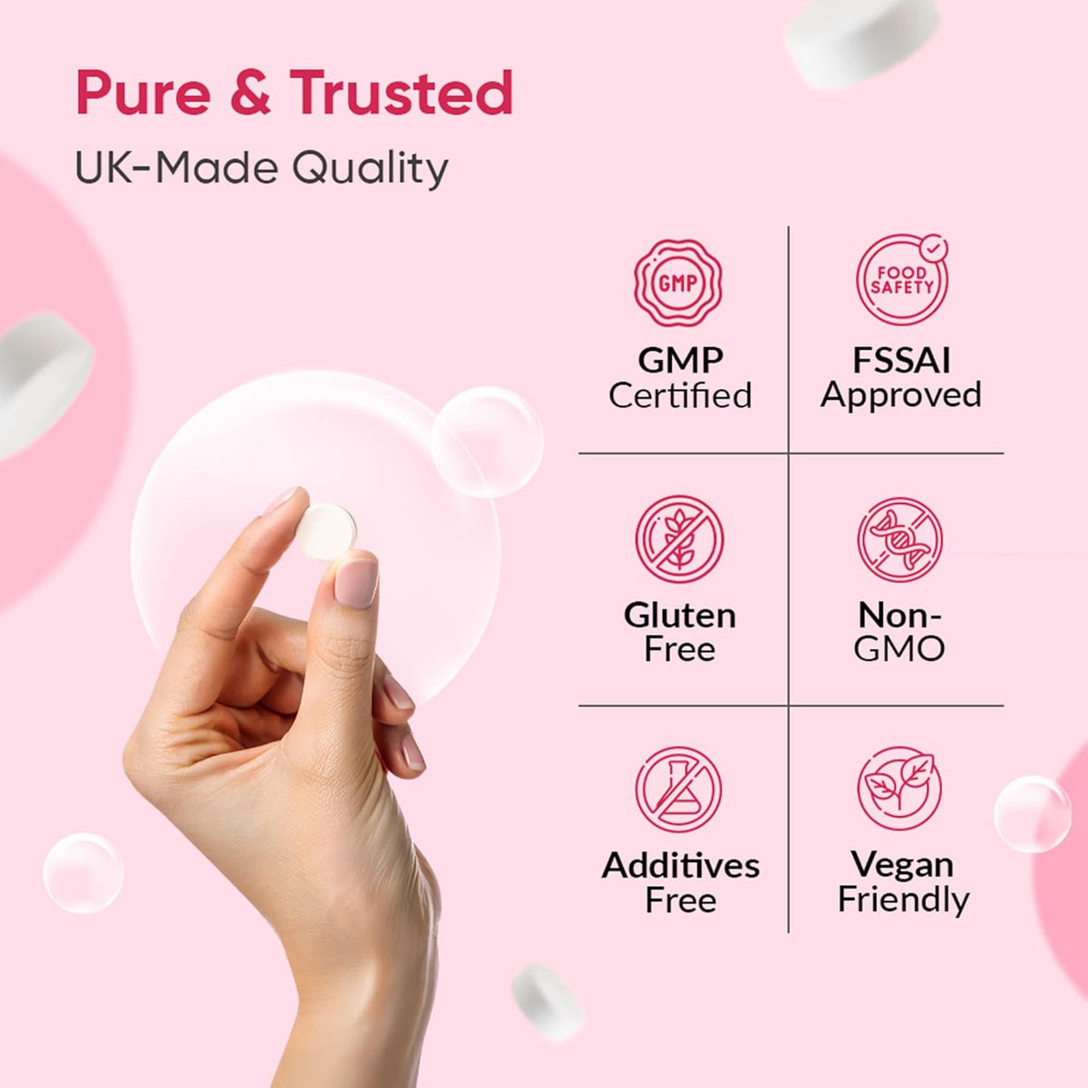 Product packaging with certification logos on a pink background