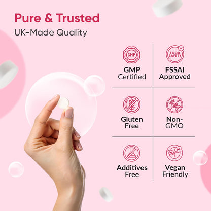 Product packaging with certification logos on a pink background