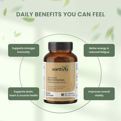 Earthvya Wholefood Multivitamins 1000mg | Plant-Based Daily Nutrition Supplement | Zero Chemicals & Additives | Natural Energy, Immunity & Strength Support | 60 Veg Capsules