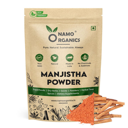 Namo Organics Manjistha Powder packaging with manjistha powder and sticks on a white background
