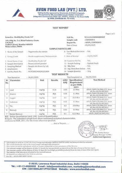 Avon Food Lab test report for Healthyplay Foods LLP, with various certifications and logos.